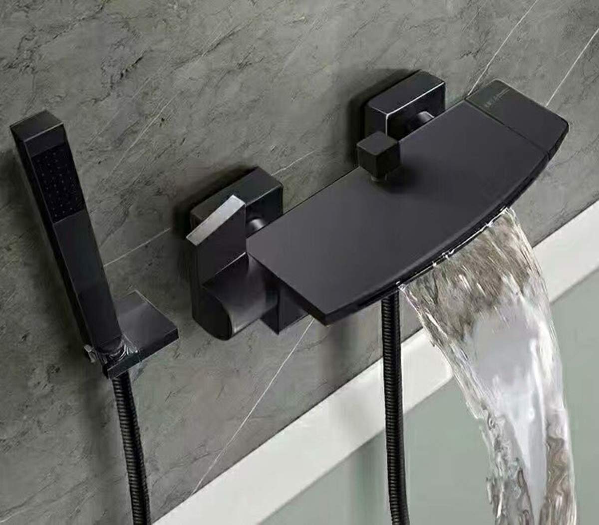 Black bathtub faucet with hand shower, shower systems, waterfall spout, wall mount, single lever mixer faucet for bathroom shower.