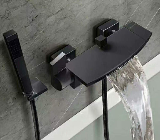 Black bathtub faucet with hand shower, shower systems, waterfall spout, wall mount, single lever mixer faucet for bathroom shower.
