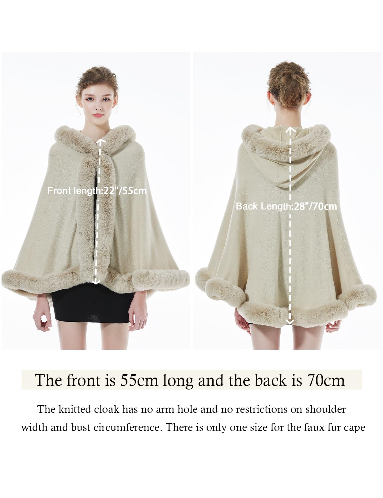 BEAUTELICATE Faux Fur Wrap Shawl Women's Poncho Cape With Hood For Winter Wedding Evening Bride (Beige,One Size)