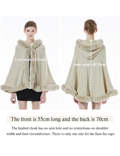 BEAUTELICATE Faux Fur Wrap Shawl Women's Poncho Cape With Hood For Winter Wedding Evening Bride (Beige,One Size)