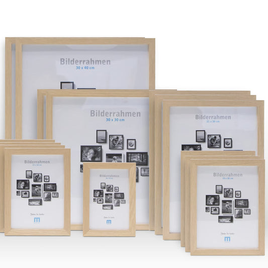 14-piece photo frame set in natural wood look in various sizes. Perfect for creating photo walls with a mix of portrait and landscape frames. Suitable for photos ranging from 10x15 to 30x40cm.