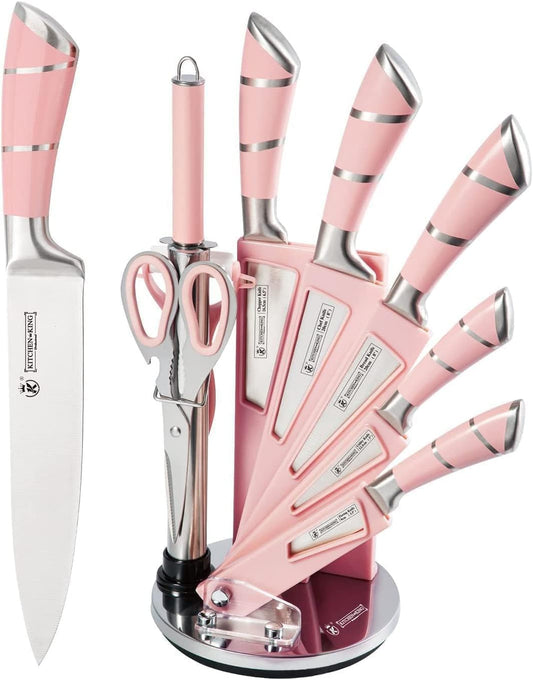 9-piece pink sharp non-stick coated chef knife block set, stainless steel knife set for kitchen with sharpener for slicing, cutting, dicing, chopping (pink)