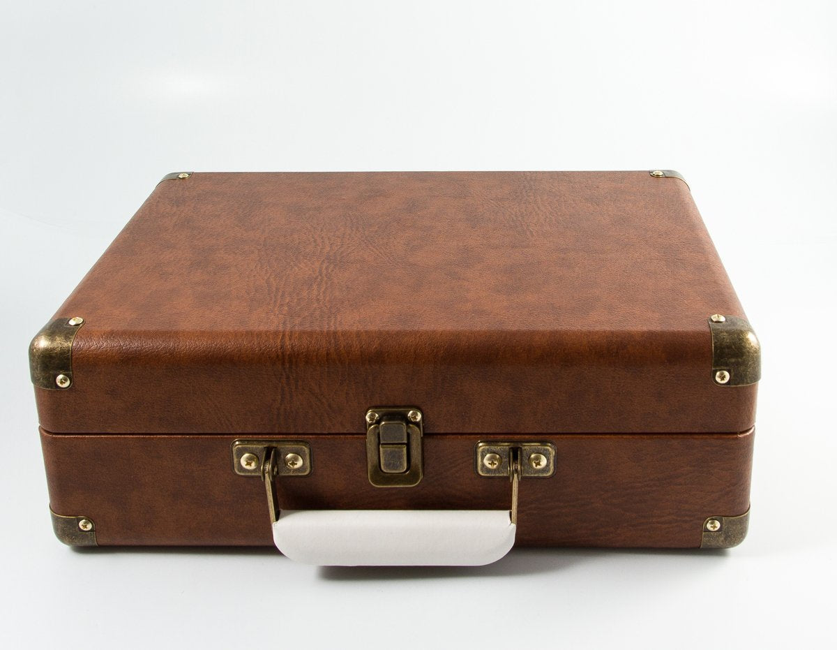 GPO Attache turntable in briefcase-style with vinyl player and built-in speakers, vintage brown.