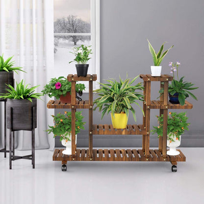 Yaheetech Plant Stand Wooden Multi Tiered Plant Shelf with Wheels Flower Rack Space Saving Balcony Indoor Decor 124 x 33 x 80cm