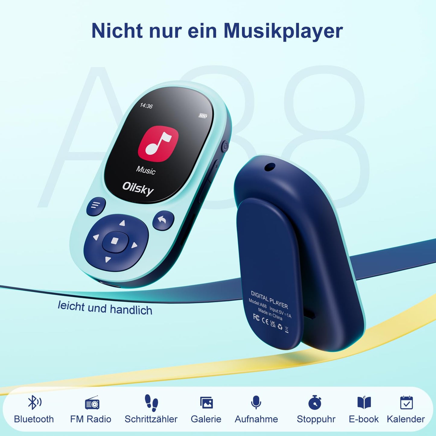 64GB Bluetooth MP3 player, Oilsky Clip-on Mp3 player for sports, mini portable music player for kids with FM radio, recording, pedometer, includes earphones.