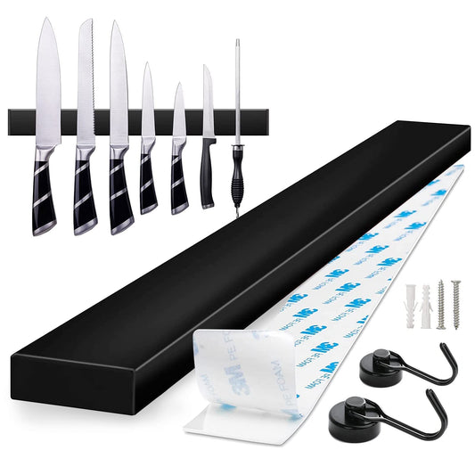 Trhillsbrad 16 inch Magnetic Knife Strip, Stainless Steel Knife Holder with 2 Hooks, Self Adhesive Black Magnetic Knife Rack, Wall Mounted Knife Holder without Drilling for Kitchen Knives.