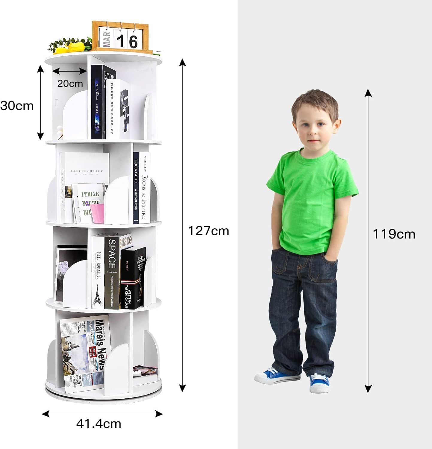 YGYQZ Rotary Bookshelf for Home with High-Density Tall Bookcase. Modern 360° Rotating Storage Display Rack with Baffle for Bedroom, Living Room, Study, or Office. White, 4 Tier Floor Standing Shelves.