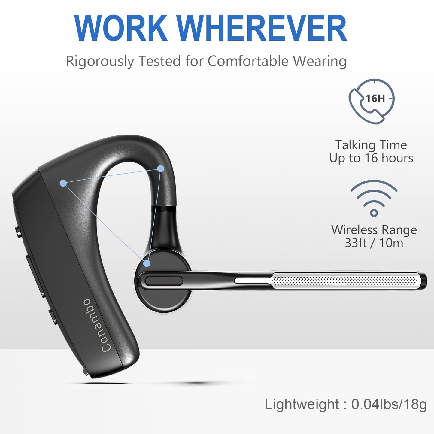 Conambo Bluetooth V5.1 K18 wireless earpiece with CVC 8.0 and ENC dual mic noise cancellation, headphones with mute microphone for driving/office/business for iPhone Android.