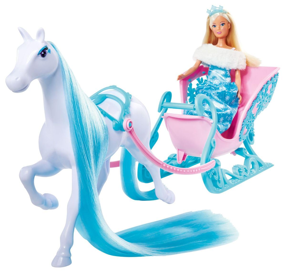 Simba 105733522 - Steffi Love Snow Dream, magical sled with horse and Steffi as ice princess, L:50cm, Doll 29cm, Suitable for children aged 3 years and up.