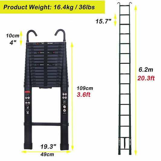 6.2m/20.34ft telescoping ladder with detachable roof hooks Multi-purpose folding black ladder, aluminum high telescoping ladder extension Foldable ladder, 330lb capacity, EN131 certified