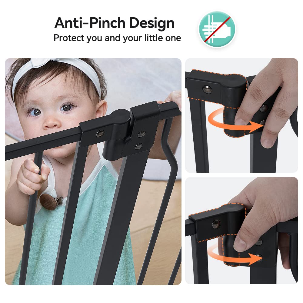 COMOMY Baby Safety Gate, Stair Gate No Drill, fits 75-123cm, Auto Close, One-Hand Operation, Double Lock, Anti-Pinch Pivot Design, Black