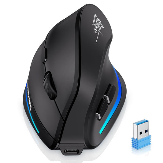 REALPower 2.4G Vertical Ergonomic Mouse Wireless, Rechargeable Cordless Wireless Mouse for Office/Home Windows PC, Vertical Ergonomic Mouse 2400 DPI, 6 Buttons, Right-Handed (Black)