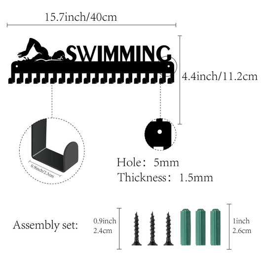 CREATCABIN Medal Holder Display Hanger Rack for Sports like Swimming, with 20 Hooks for Race Runner, Gymnast, Turner. Holds over 60 Medals, Black, 15.7 x 4.4 inches.