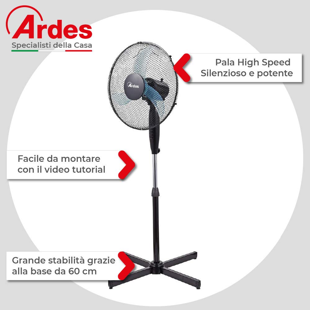 ARDES - Pedestal Fan, powerful, quiet, 3 blades, 40 cm, oscillating, with adjustable height and tilt, Ardes Pedestal Fan, 3 speed settings, model Penny AR5AM40P