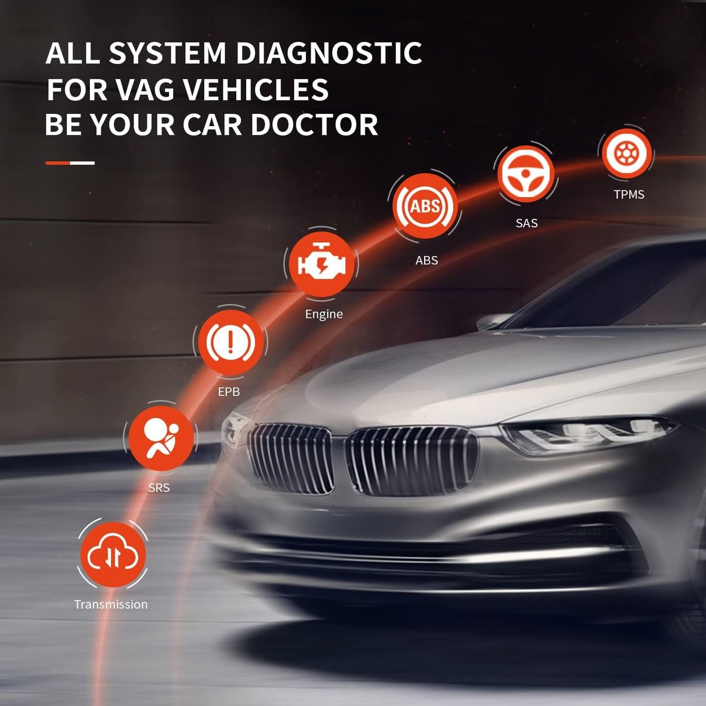 ANCEL VD700Pro OBD2 diagnostic tool for VAG vehicles. Supports all systems with 8 special functions: oil, TPMS, EPB, TPS, injector, SAS, DPF reset, battery registration. Read and clear error codes.