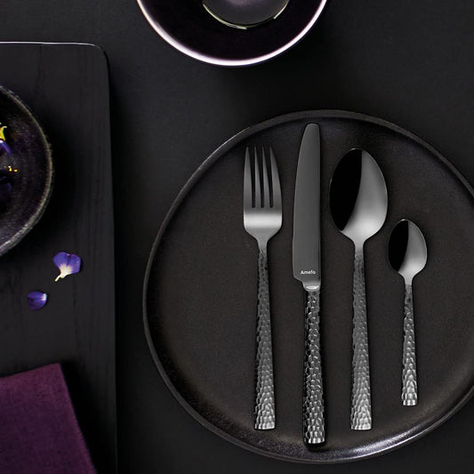 Amefa PVD Cutlery Set Felicity, Black Cutlery, 24-piece Black Cutlery Set, For 6 People, 18/0 Stainless Steel, 13/0 Blade Steel, Hammered Handle, With Knife, Fork, Spoon & Teaspoon