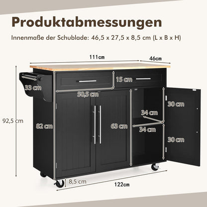 COSTWAY Kitchen Cart on Wheels, Kitchen Serving Trolley with Drawers, Kitchen Island Cart Buffet Cabinet Wood, Kitchen Cabinet with Countertop (Black)