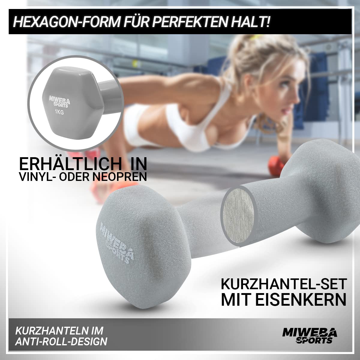 Miweba Sports Neoprene/Vinyl Dumbbell Set/Dumbbell Rack | Profi Dumbbell - Hex Dumbbell Sets 1.0-3.0 Kg - Short Dumbbells - Dumbbell Set - Gym Dumbbells - Dumbbell Set - Dumbbell Stand