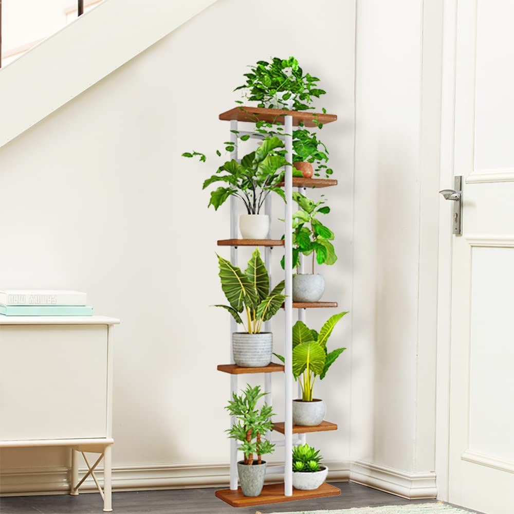 QLFJ-FurDec 7-Tier Plant Stand Holder Indoor, Wood and Metal Standing Flower Pot Shelf, 7-Tier 8-Pot Multi Flower Pot Holder for Balcony Garden Windowsill Corner (8 Pots, White)