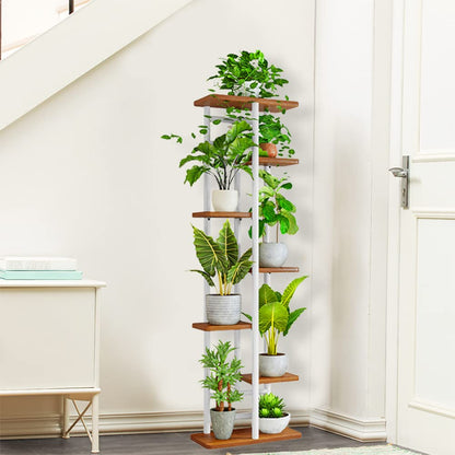 QLFJ-FurDec 7-Tier Plant Stand Holder Indoor, Wood and Metal Standing Flower Pot Shelf, 7-Tier 8-Pot Multi Flower Pot Holder for Balcony Garden Windowsill Corner (8 Pots, White)