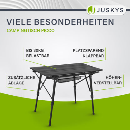 Juskys Camping Table Picco - Aluminum table 90 x 52 cm light, foldable, adjustable height - Camping, garden - Outdoor folding table - Garden table Black