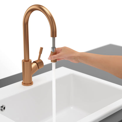 Villeroy & Boch Umbrella Flex high-pressure kitchen faucet, sink faucet with pull-out spray and 360° swivel range, water-saving, 220 mm spout height, bronze.