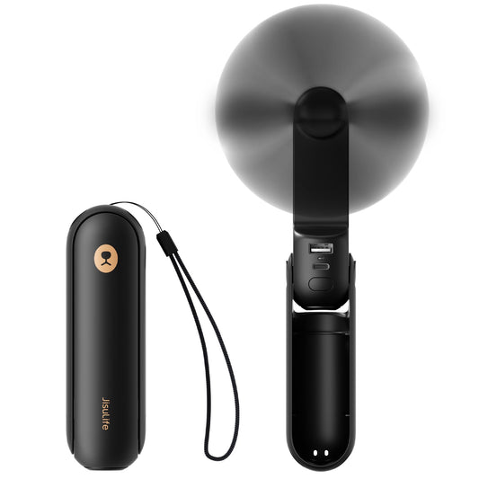 JISULIFE Hand Fan, Mini Portable Handheld Fan, Battery Operated [14-21 Hours], Rechargeable, Foldable USB Fan, Quiet Personal Fan with Power Bank, Flashlight - Black