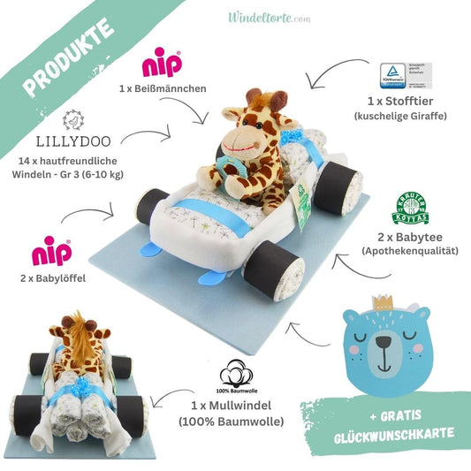 Diaper cake® Diaper car for boys & girls in blue & pink | Diaper cake/diaper gift - 14 LILLYDOO diapers | Stuffed animal - gift for birth | Baby shower gift | Plush toy (blue/boy)