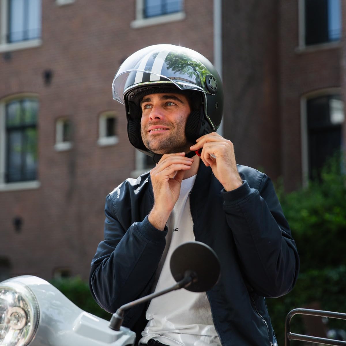VINZ Parchi Jet Helmet with Double Visor | Scooter Helmet Fashion Helmet with Stripes | In sizes XS-XXL | Motorcycle Helmet with Sun Visor | ECE 22.06 Certified - Matte Black