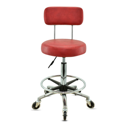 VAKON SALON - Premium rolling stool in red with backrest and foot ring - Height adjustable 55-75 cm - Round seat swivel stool work stool practice stool