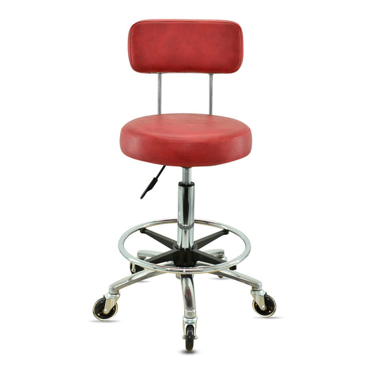 VAKON SALON - Premium rolling stool in red with backrest and foot ring - Height adjustable 55-75 cm - Round seat swivel stool work stool practice stool