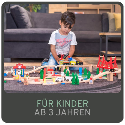 Bandits & Angels Wooden Train Set 100 pieces with base plate for ages 3 and up for boys and girls - Wooden train set with 100 pieces - includes 2 trains and base plate - train set for kids