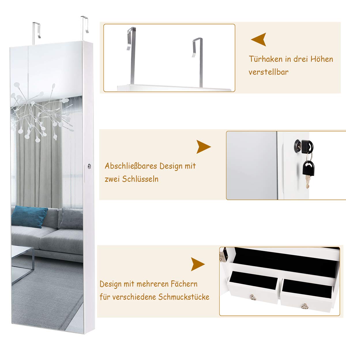 RELAX4LIFE Hanging Jewelry Cabinet, Mirror Cabinet with LED Lighting & Mirror & Lock, Jewelry Organizer for Earring & Bracelet & Necklace & Ring & Cosmetics, Door & Wall Mount, 120x35.5x10cm (White)