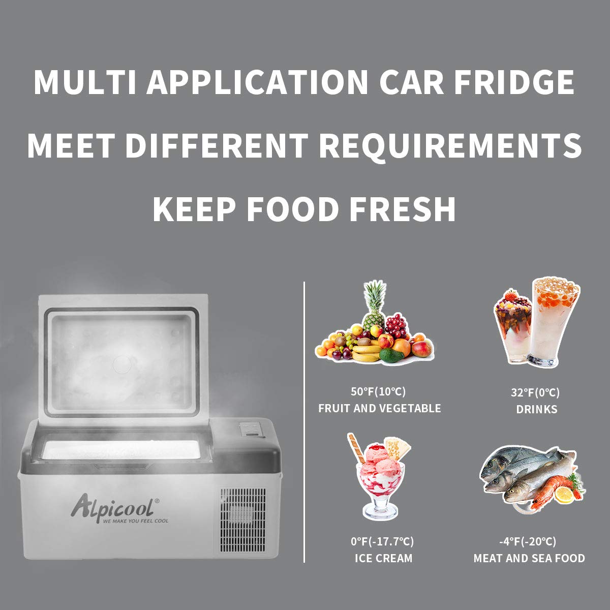 Alpicool C15 15L compressor cooler 12v mini fridge electric camping freezer small portable for car, truck, boat, RV with USB port, -20℃-20℃.