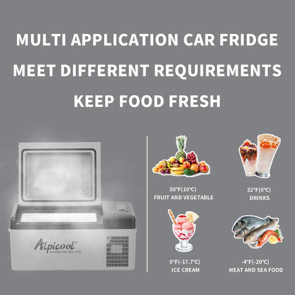 Alpicool C15 15L compressor cooler 12v mini fridge electric camping freezer small portable for car, truck, boat, RV with USB port, -20℃-20℃.