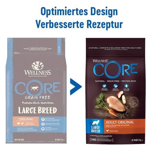Wellness CORE Large Breed Original, Chicken, 10 kg, dry dog food for adult dogs of large breeds, no added sugar, grain-free, high in meat content.