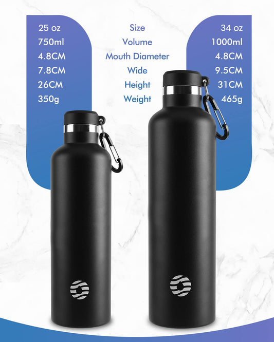 FEIJIAN Stainless Steel Water Bottle 750ml with Carabiner - Leakproof Thermos Flask for Carbonated Coffee Tea, BPA-Free Sports Outdoor Water Bottle for Sparkling Water/University/School/Camping/Biking