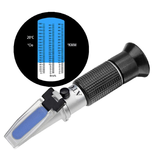 HHTEC Winemaker Refractometer 0-190 Öchsle 0-44 Brix (sugar) 0-38 KMW Öchslemeter with ATC for measuring sugar content for making wines with instruction manual in German