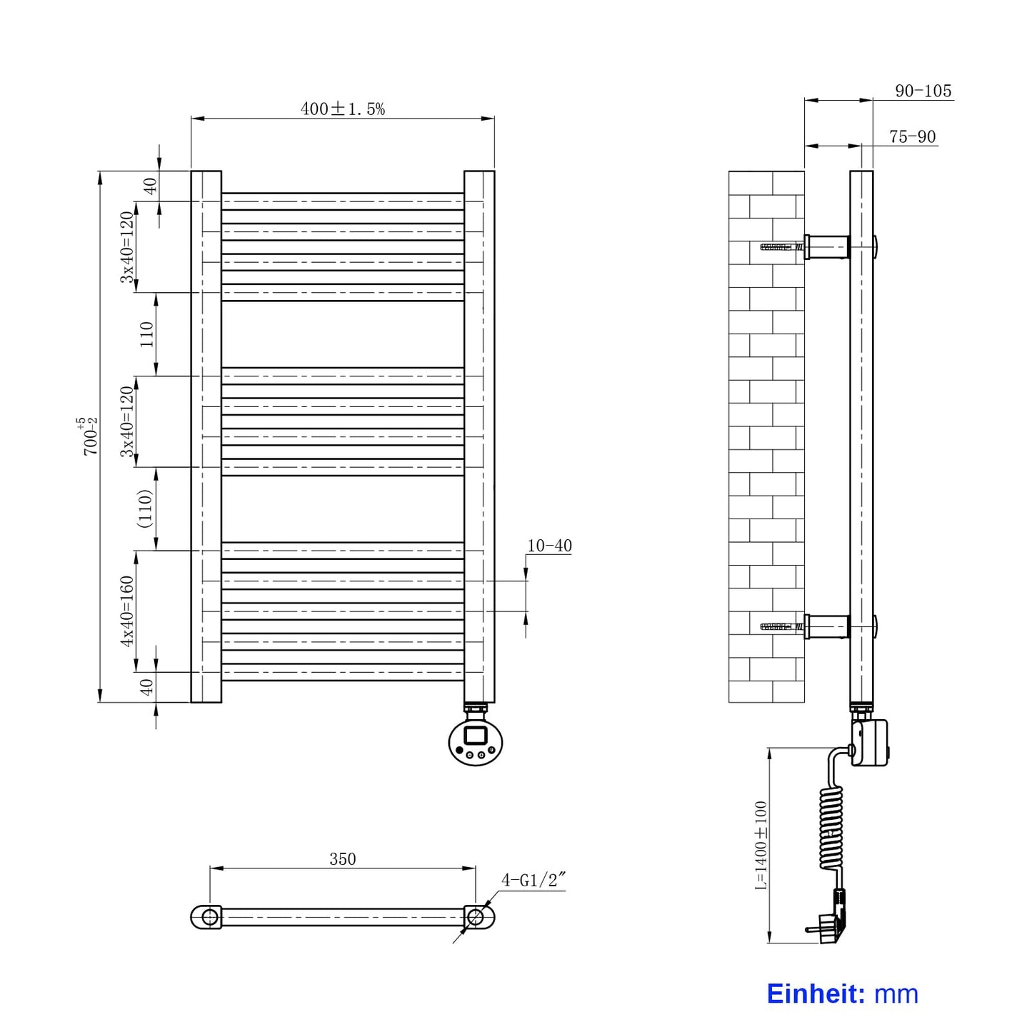 Heilmetz electric heated towel rail 70x40cm with digital thermostat and timer function. Straight towel radiator in white, 238W.