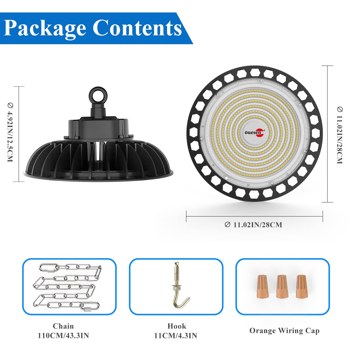 150W LED high bay light, 21000LM warehouse lighting, IP65 waterproof UFO high bay light, 5500K industrial LED lamp for workshop garage warehouse, cool white.