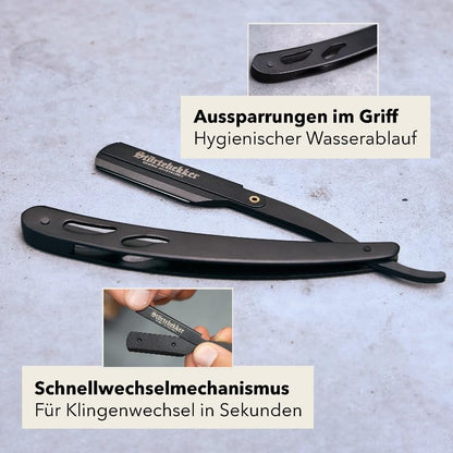 Störtebekker® Premium Straight Razor Set Black in handcrafted leather case (Café) - with shaving brush, shaving bowl, shaving soap, alum stone, and razor blades - high-quality wet razor shaving set
