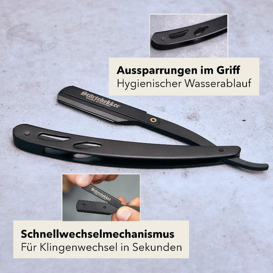 Störtebekker® Premium Straight Razor Set Black in handcrafted leather case (Café) - with shaving brush, shaving bowl, shaving soap, alum stone, and razor blades - high-quality wet razor shaving set
