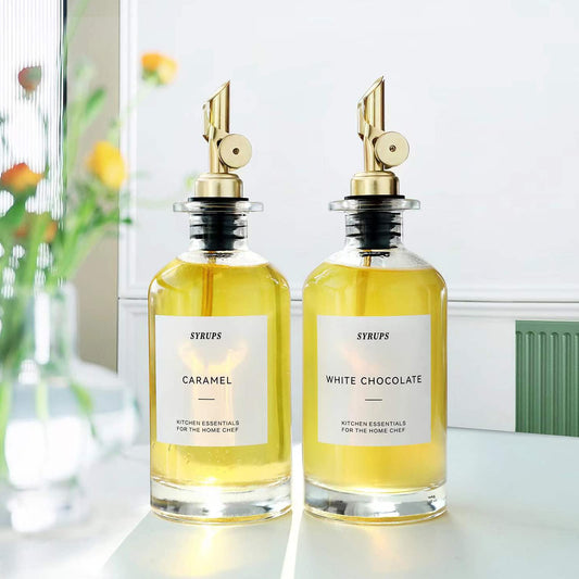 Oil bottle oil dispenser, glass bottle for kitchen 350ML 2Pack Gold, olive oil bottle coffee syrup mouthwash dispenser with weighted pouring spout 35 piece labels vinegar cooking oil dispenser olive oil container