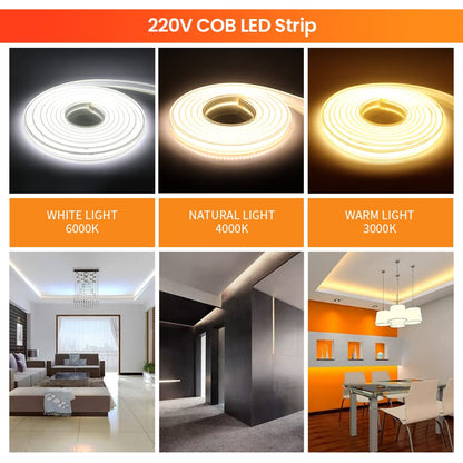 KISUFU 220V Dimmable COB LED Strip 15m, 360 LEDs/m Warm White 3000K LED Strip CRI≥90, Waterproof High Density Flexible Super Bright COB LED Light Strip for Bedroom, Kitchen, DIY Interior Decoration