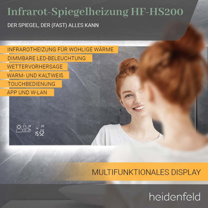 Heidenfeld Infrared Heater Mirror | HF-HS200 with touch panel - 10 level temperature control - 350 watts - 100 x 60 cm - WiFi bathroom mirror - infrared heating mirror - wall heater