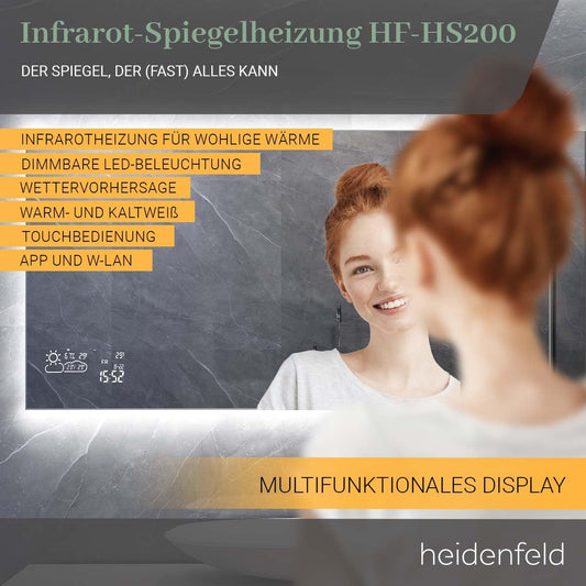 Heidenfeld Infrared Heater Mirror | HF-HS200 with touch panel - 10 level temperature control - 350 watts - 100 x 60 cm - WiFi bathroom mirror - infrared heating mirror - wall heater