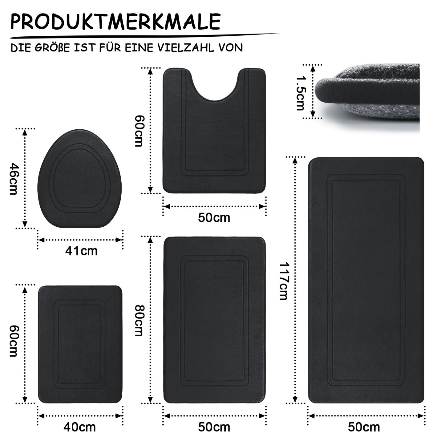 Bathroom Rug Set 5 Pieces, Soft Memory Foam Bath Mat Non-Slip Washable, Bathroom Rugs Set for Toilet Shower and Bathtub Black