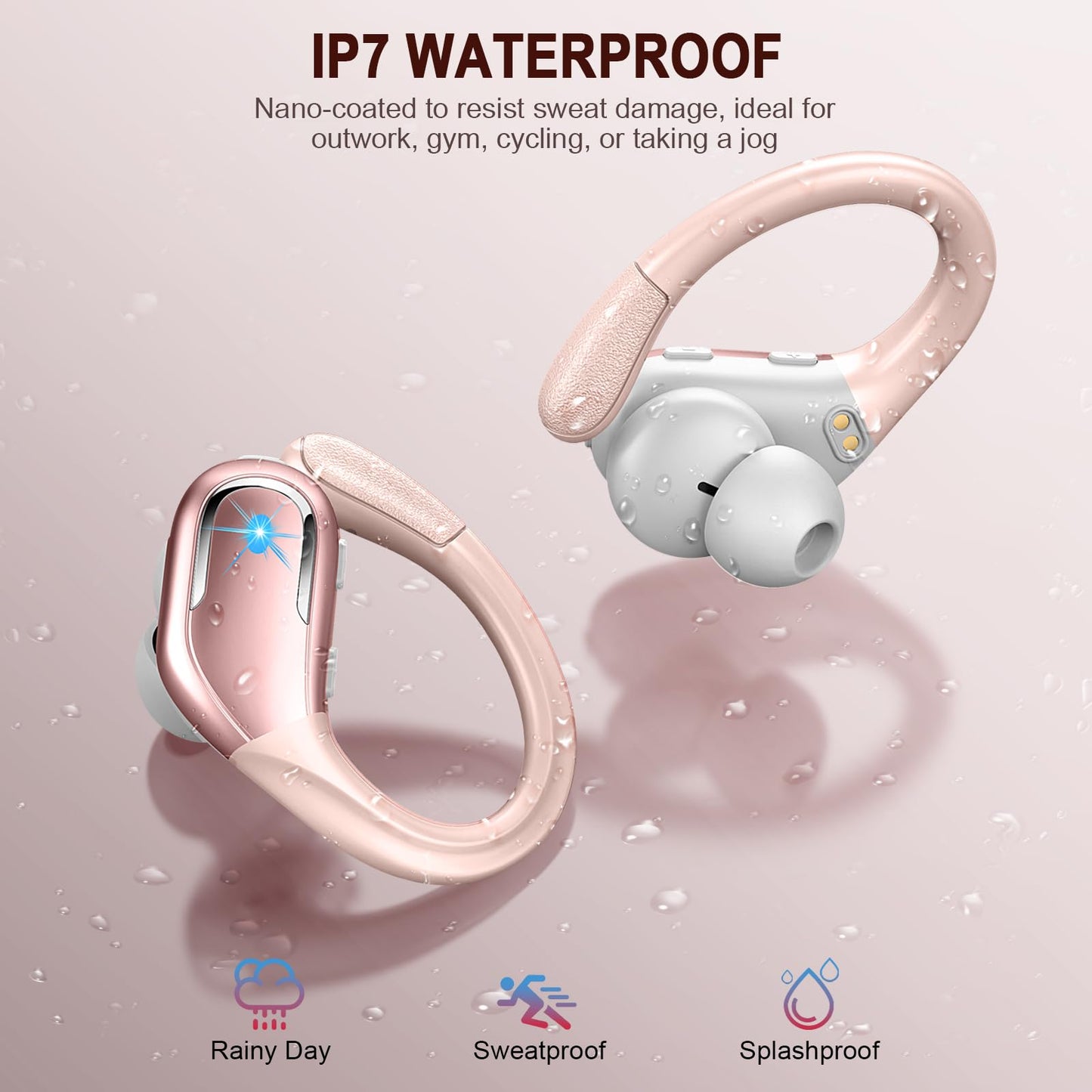 Bluetooth headphones for sports, 75hr wireless headphones with Bluetooth 5.3 and 3D stereo bass, 4 ENC mics for noise cancelling, LED display, IP7 waterproof, USB-C quick charge, in-ear earbuds