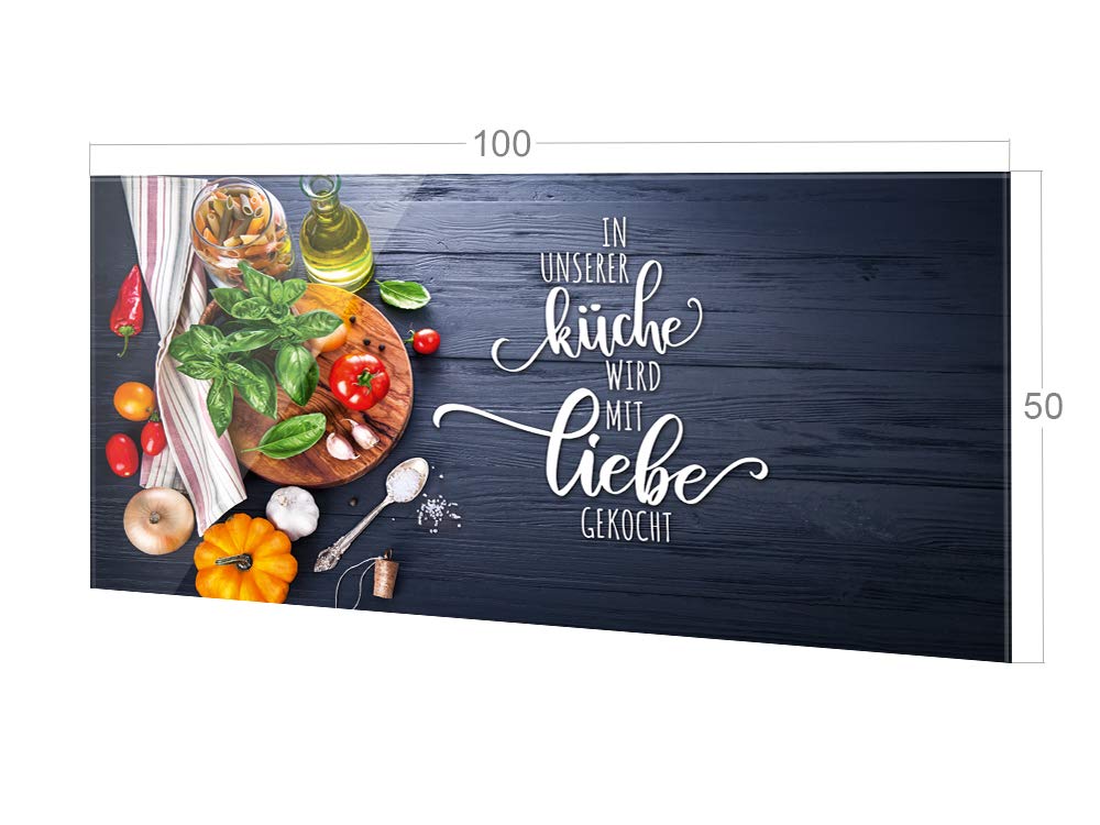 GRAZDesign kitchen glass splashback with the saying "Our kitchen with love", in grey. Backsplash glass for stove and sink, kitchen rear wall glass panel with design, 100x50cm.