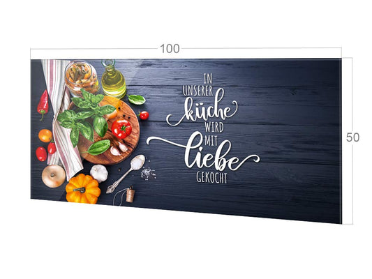 GRAZDesign kitchen glass splashback with the saying "Our kitchen with love", in grey. Backsplash glass for stove and sink, kitchen rear wall glass panel with design, 100x50cm.